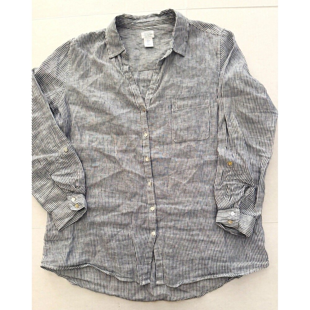 Sigrid Olsen Women’s L Blue White Striped Linen Long Sleeve Button Up Shirt